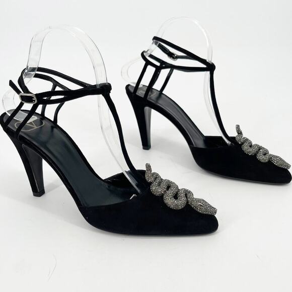 Valentino Garavani Maison Black Suede Crystal Snake T-Strap Pump size EU 39.5 - Picture 2 of 12